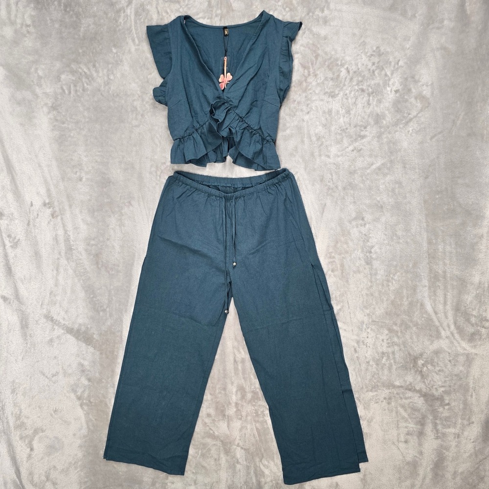 Fancyinn 2 Piece Set Women Large Teal Ruffle Crop Top Wide Leg Slit Pants Cotton